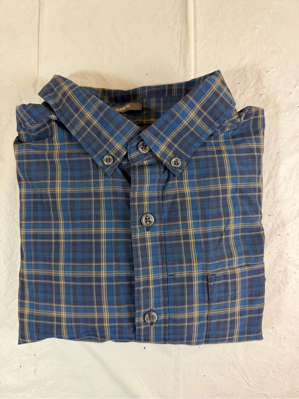 Eddie Bauer Blue and Yellow Plaid Button-Down Shirt